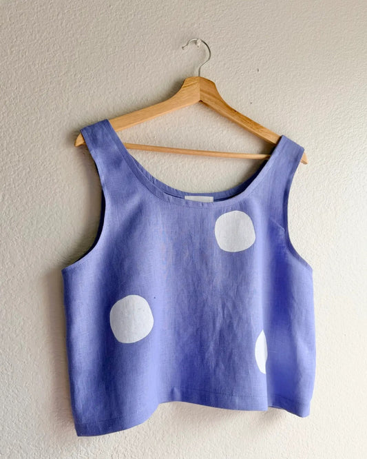 Periwinkle hydrangea linen top with polka dots