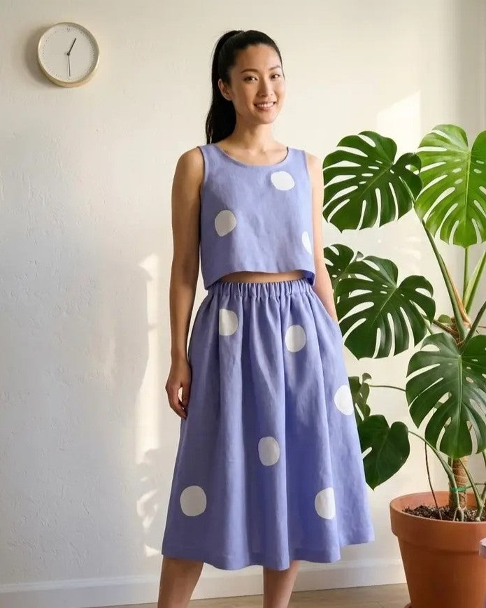 Periwinkle blue purple hydrangea skirt with polka dots paired with matching top