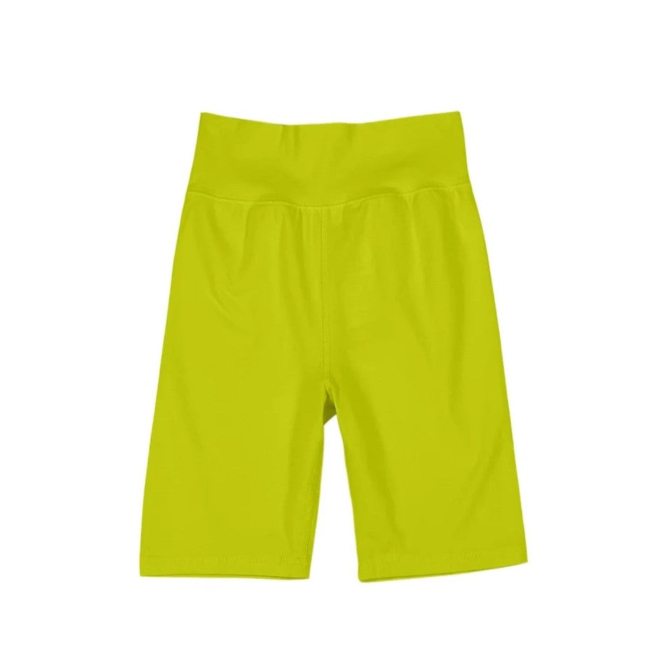 Bright green limelight bike shorts in a cotton hemp blend in chartreuse.