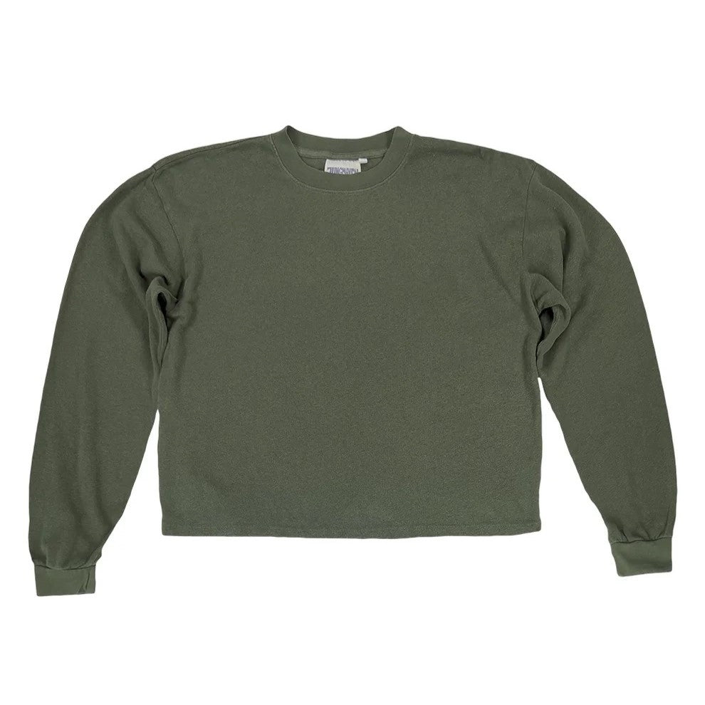 Cropped long sleeve tee by Jungmaven, a hemp and cotton blend in olive green.