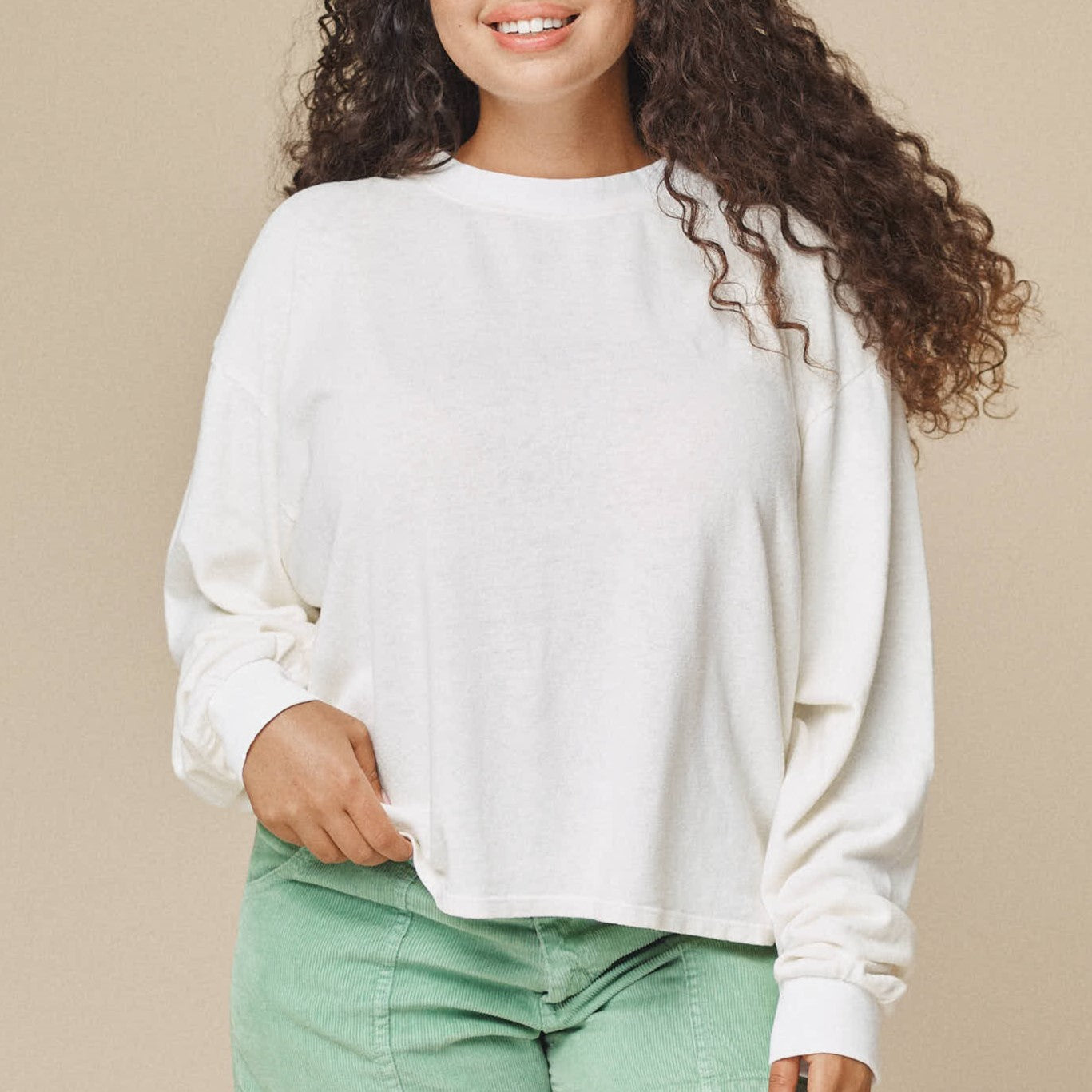 Cropped long sleeve tee by Jungmaven, a hemp and cotton blend in Washed White.