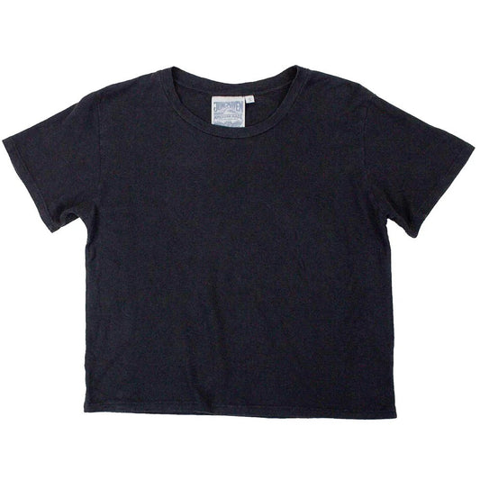 A black crewneck, cropped tee made of cotton and hemp.