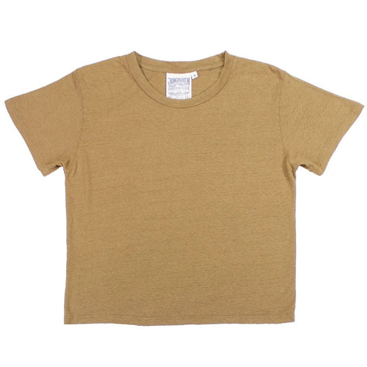 A coyote brown crewneck, cropped tee made of cotton and hemp.