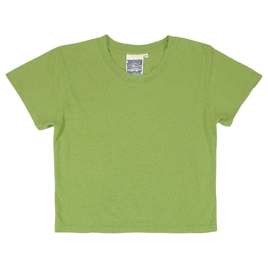 A dark matcha green crewneck, cropped tee made of cotton and hemp.