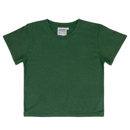 A deep hunter green crewneck, cropped tee made of cotton and hemp.