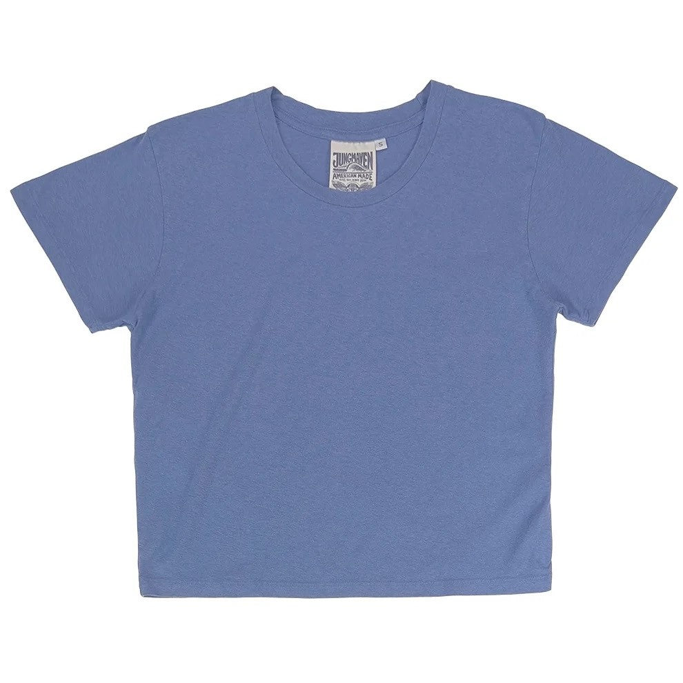 Jungmaven cropped Lorel tee in periwinkle blue purple wisteria. Hemp and cotton sustainable clothing blend at Clad, a sustainable clothing shop in Asheville, NC