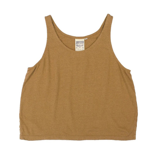 An everyday, lightweight boxy tank top made of a cotton hemp blend in light coyote brown.