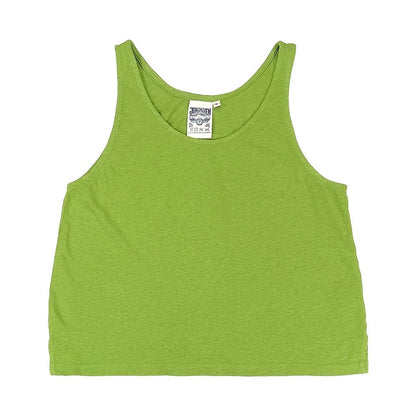 An everyday, lightweight boxy tank top  made of a cotton hemp blend in dark matcha green.