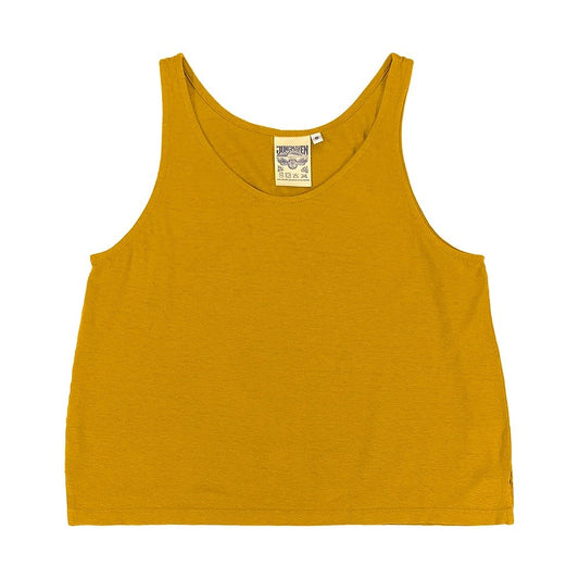 An everyday, lightweight boxy tank top made of a cotton hemp blend in spicy mustard deep yellow marigold.