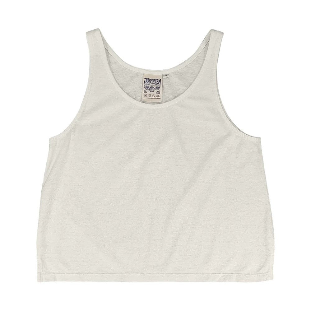 An everyday, lightweight boxy tank top  made of a cotton hemp blend in a creamy washed white.