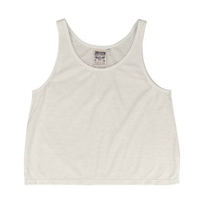 An everyday, lightweight boxy tank top  made of a cotton hemp blend in a creamy washed white.