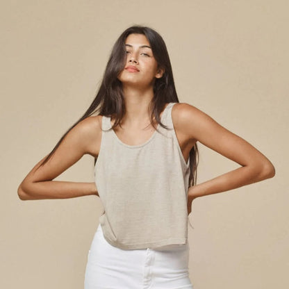 An everyday, lightweight boxy tank top  made of a cotton hemp blend in a creamy washed white.