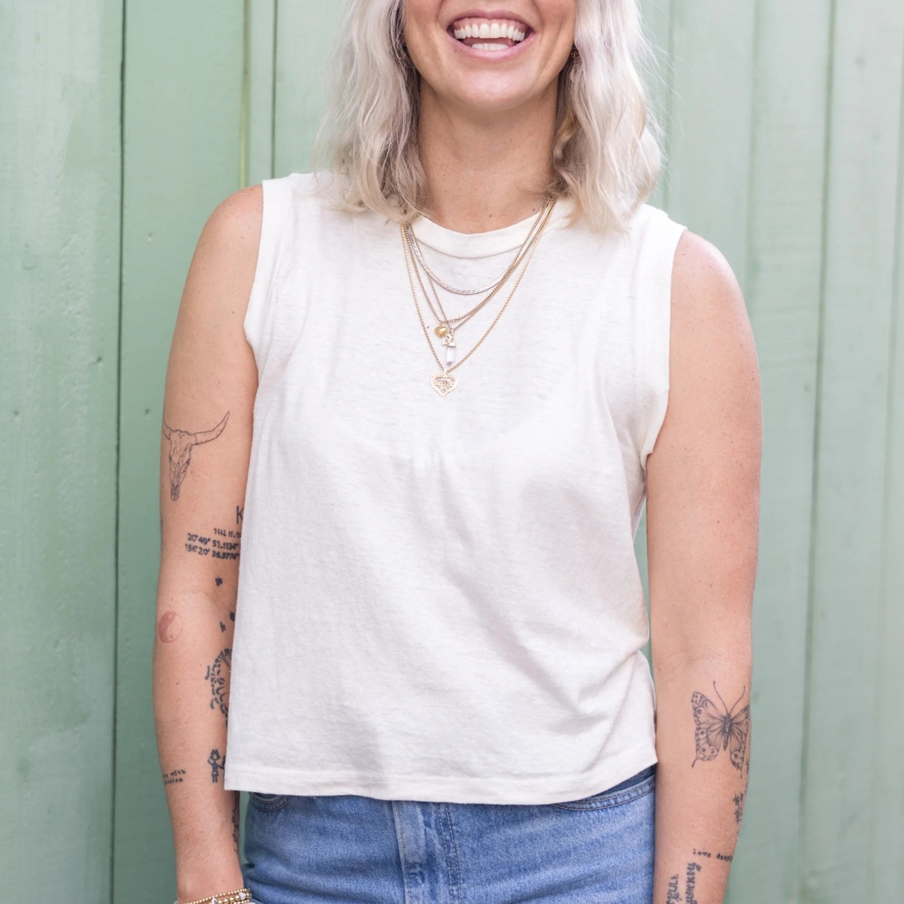 Phoenix washed white muscle tee by Jungmaven. Hemp and cotton blend.