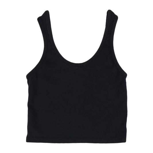 A black stretchy fitted scoopneck tank made of a cotton hemp blend.