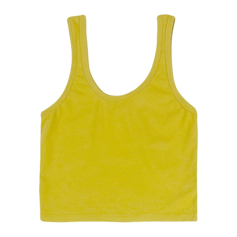 Cropped fitted tank like Arq tanke in mustard citrine yellow. Scoop neck and bra-friendly straps