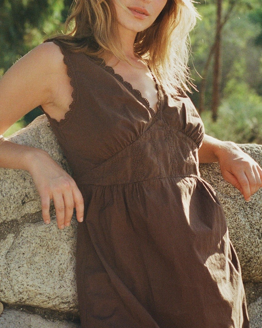 Chocolate cotton polin dress with lace and embroidery detail
