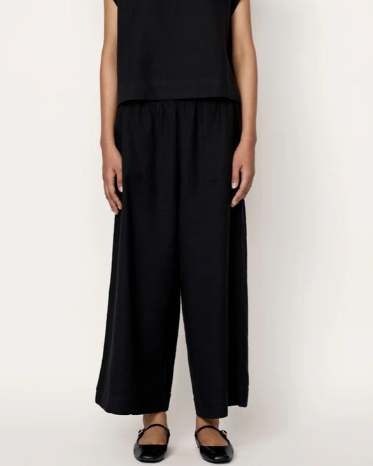 Black everyday pant by Laude the Label with elastic waistband and cropped ankle. Paired with black top and ballet flats. Find at Clad, a sustiainable clothing shop in Asheville, NC.