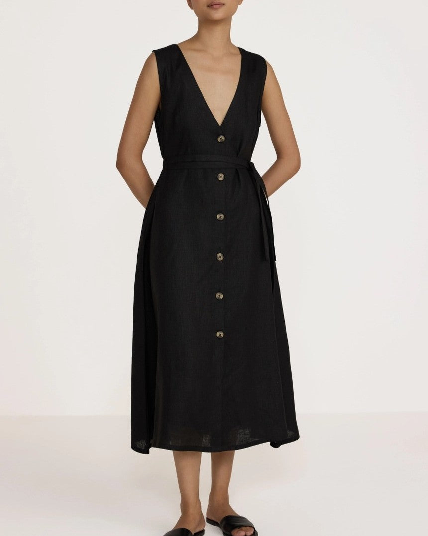 Laude the Label v neck black midi button down dress with removable belt at the waist