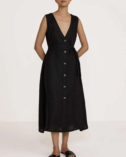 Laude the Label v neck black midi button down dress with removable belt at the waist