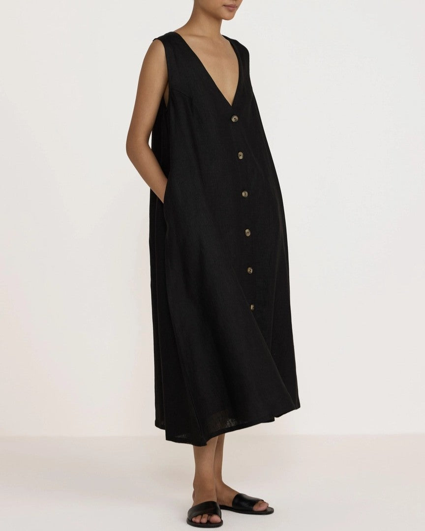 Laude the Label v neck black midi button down dress with removable belt at the waist