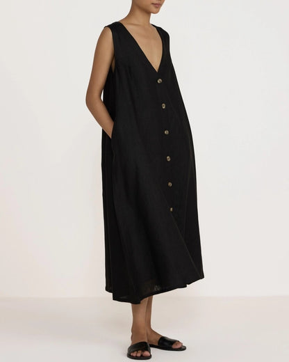 Laude the Label v neck black midi button down dress with removable belt at the waist