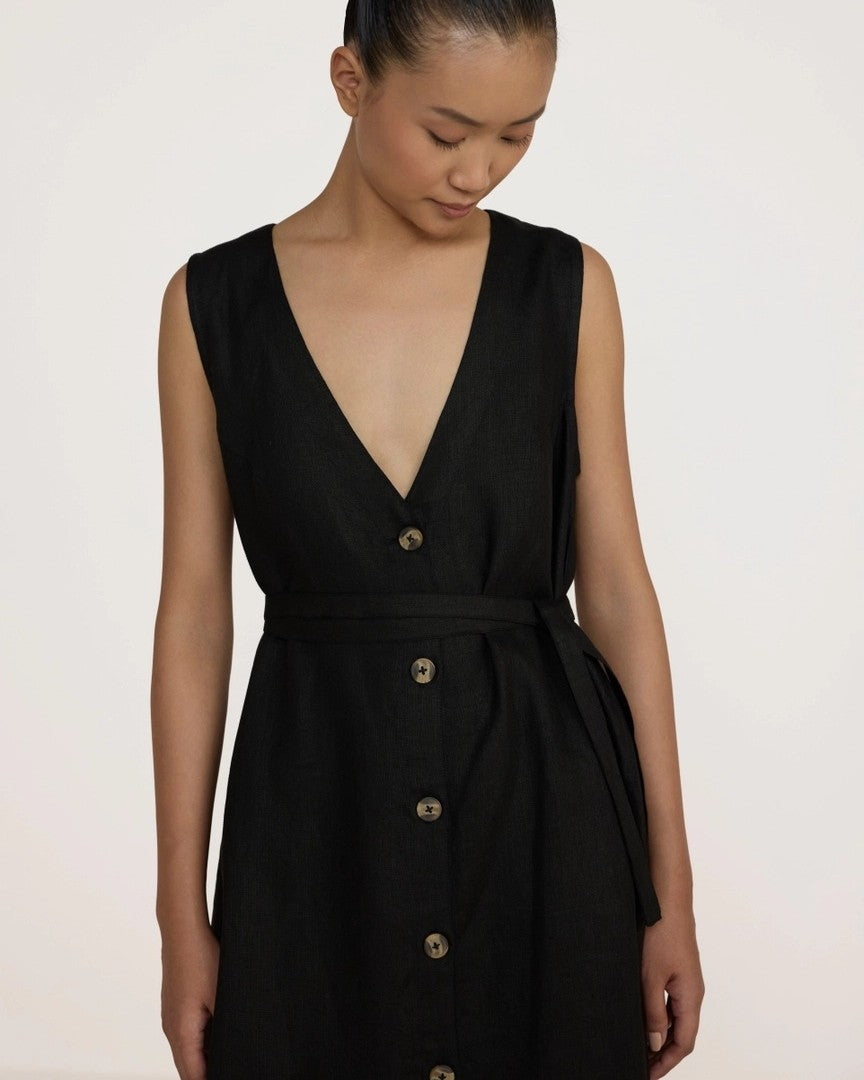 Linen V-Neck Midi Dress