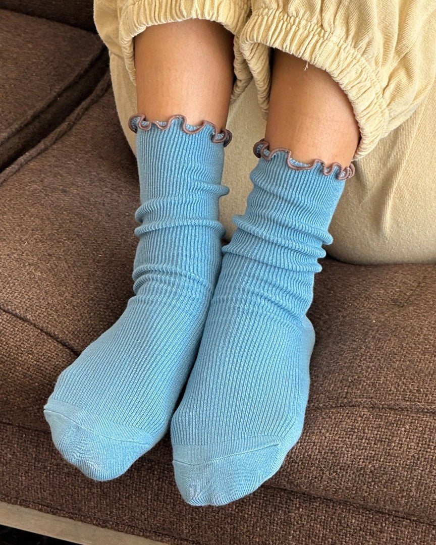 Le Bon Shoppe Noble powder blue and brown ruffled modal socks