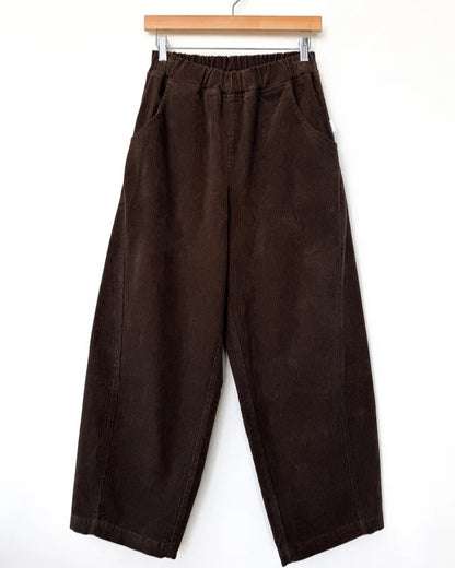 Chocolate brown corduroy barrel arc pants from Le Bon Shoppe at Clad, a sustainable slow fashion clothing boutique in Asheville, NC
