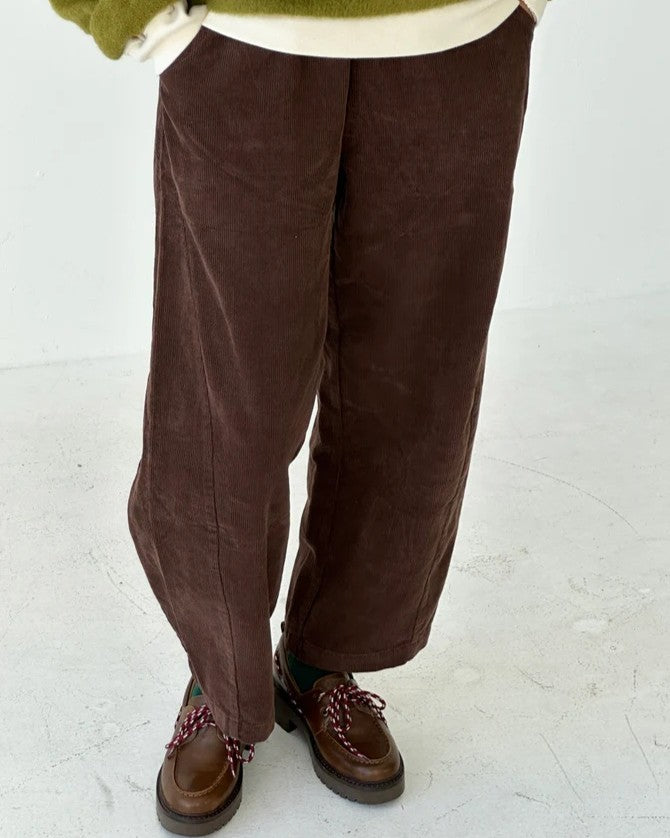 Chocolate brown corduroy barrel arc pants from Le Bon Shoppe at Clad, a sustainable slow fashion clothing boutique in Asheville, NC