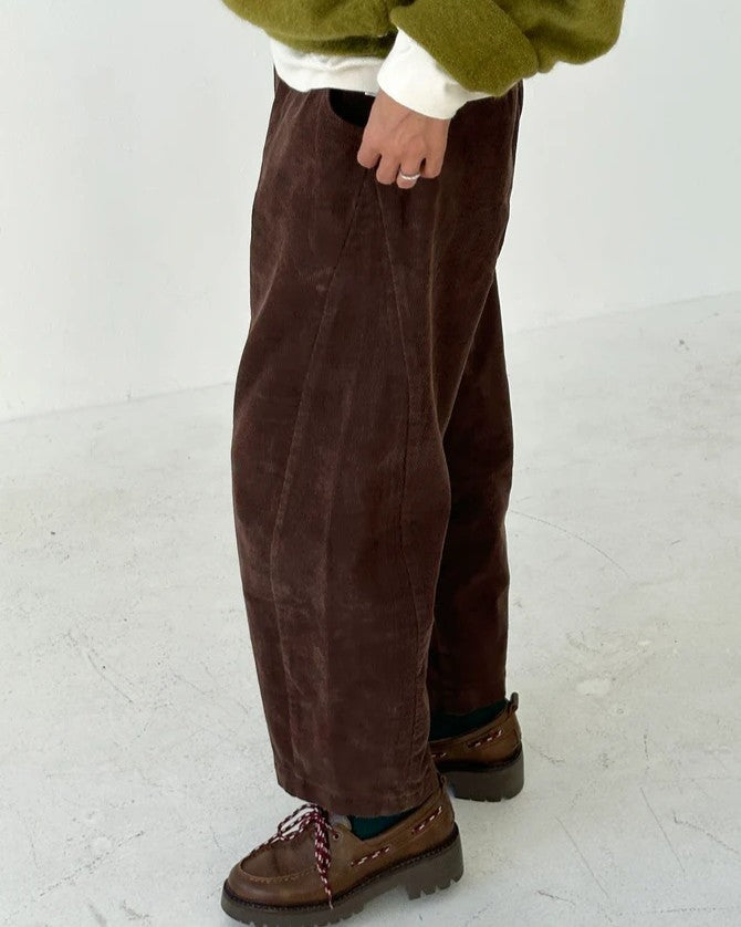 Chocolate brown corduroy barrel arc pants from Le Bon Shoppe at Clad, a sustainable slow fashion clothing boutique in Asheville, NC