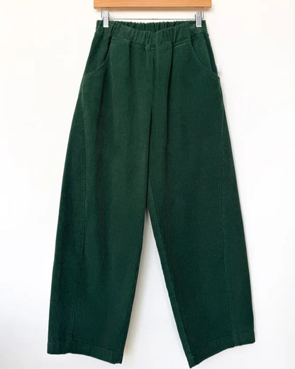 Forest green corduroy barrel arc pants from Le Bon Shoppe at Clad, a sustainable slow fashion clothing boutique in Asheville, NC