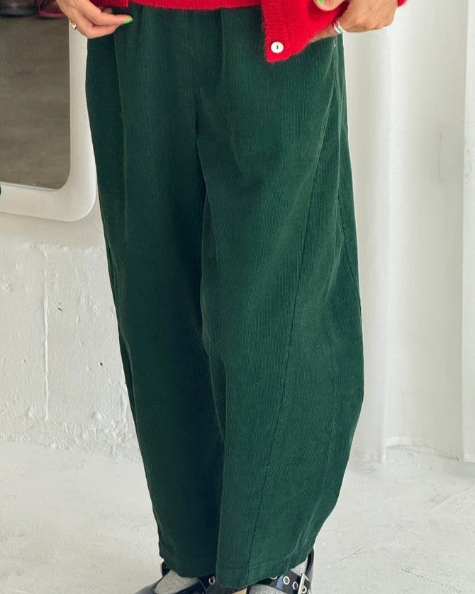 Forest green corduroy barrel arc pants from Le Bon Shoppe at Clad, a sustainable slow fashion clothing boutique in Asheville, NC