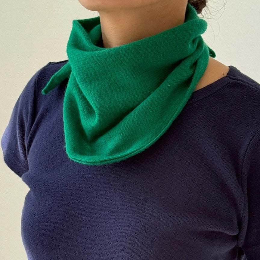 Le Bon Shoppe kelly green cashmere bandana styled with a navy blue shirt