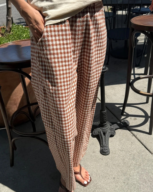 Le Bon Shoppe brown cinnamon gingham Arc pants at Clad, a sustainable clothing store in Asheville, NC