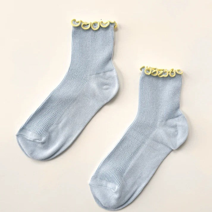Le Bon Shoppe and Noble baby blue and butter yellow ruffle petite socks