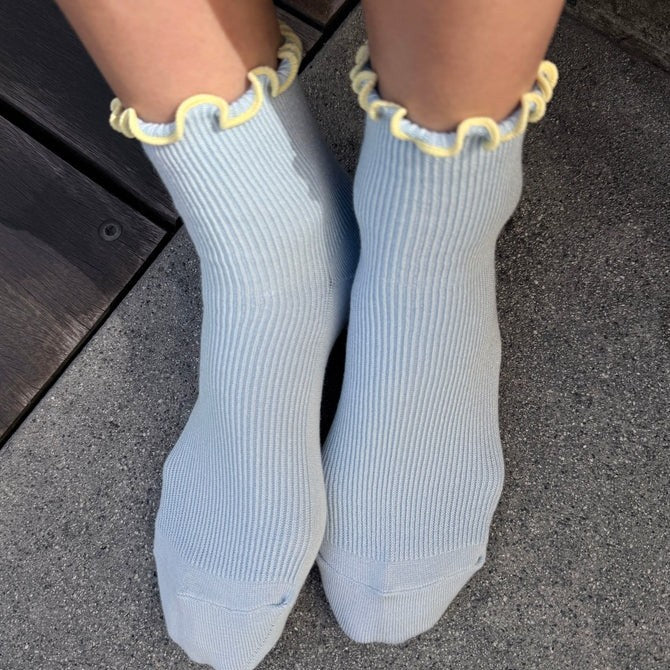 Le Bon Shoppe and Noble baby blue and butter yellow ruffle petite socks
