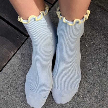 Le Bon Shoppe and Noble baby blue and butter yellow ruffle petite socks