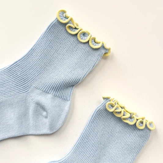 Le Bon Shoppe and Noble baby blue and butter yellow ruffle petite socks