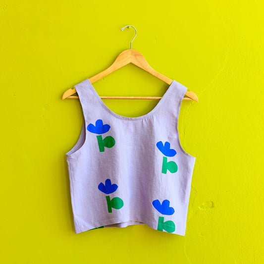 Lavender lilac linen floral tank with blue screenprinted flowers