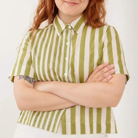 Green stripe block printed button down shirt from Mata Traders