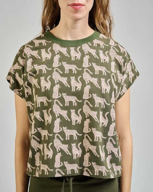 Green leopard caitlin tee  top from Mata Traders at Clad, a sustainable clothing store in Asheville, NC