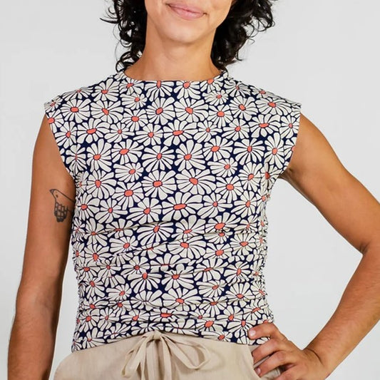 Mata Traders floral ruched top in navy at lad, a sustainable clothing boutique in Asheville, NC