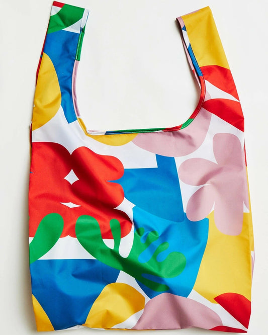 Matisse Reusable tote bag by Duckhead Umbrella with abstract blue, red, green, yellow, and pink shapes at Clad, a sustainable clothing store in Asheville, North Carolina.