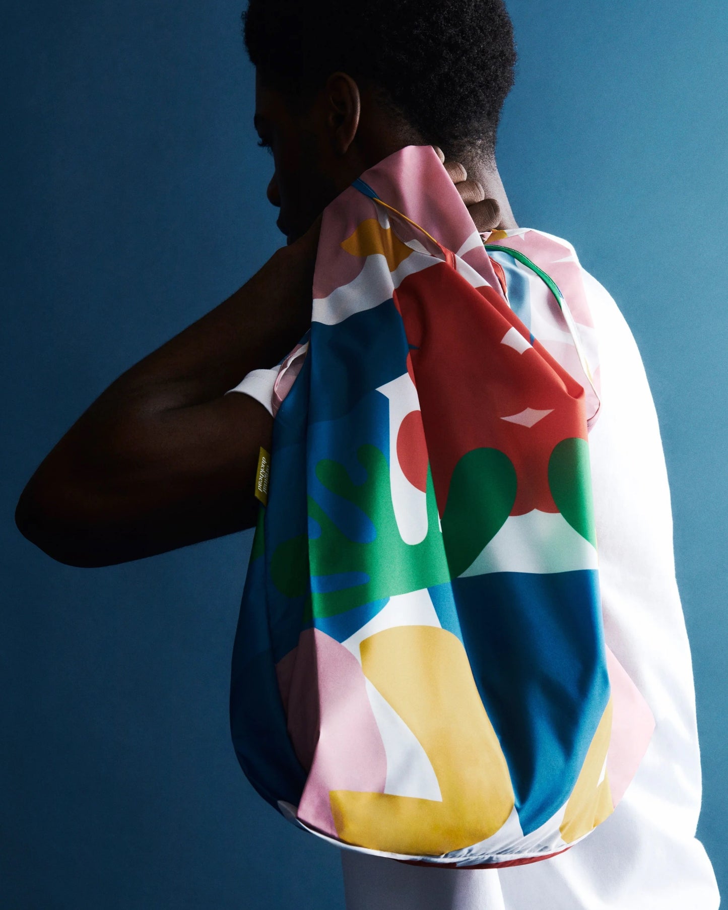 Matisse Reusable tote bag by Duckhead Umbrella with abstract blue, red, green, yellow, and pink shapes at Clad, a sustainable clothing store in Asheville, North Carolina.