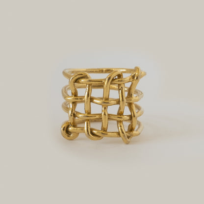 Gold vermeil statement basketweave woven large ring. Stunning texture. Made by Merewif in North Carolina.