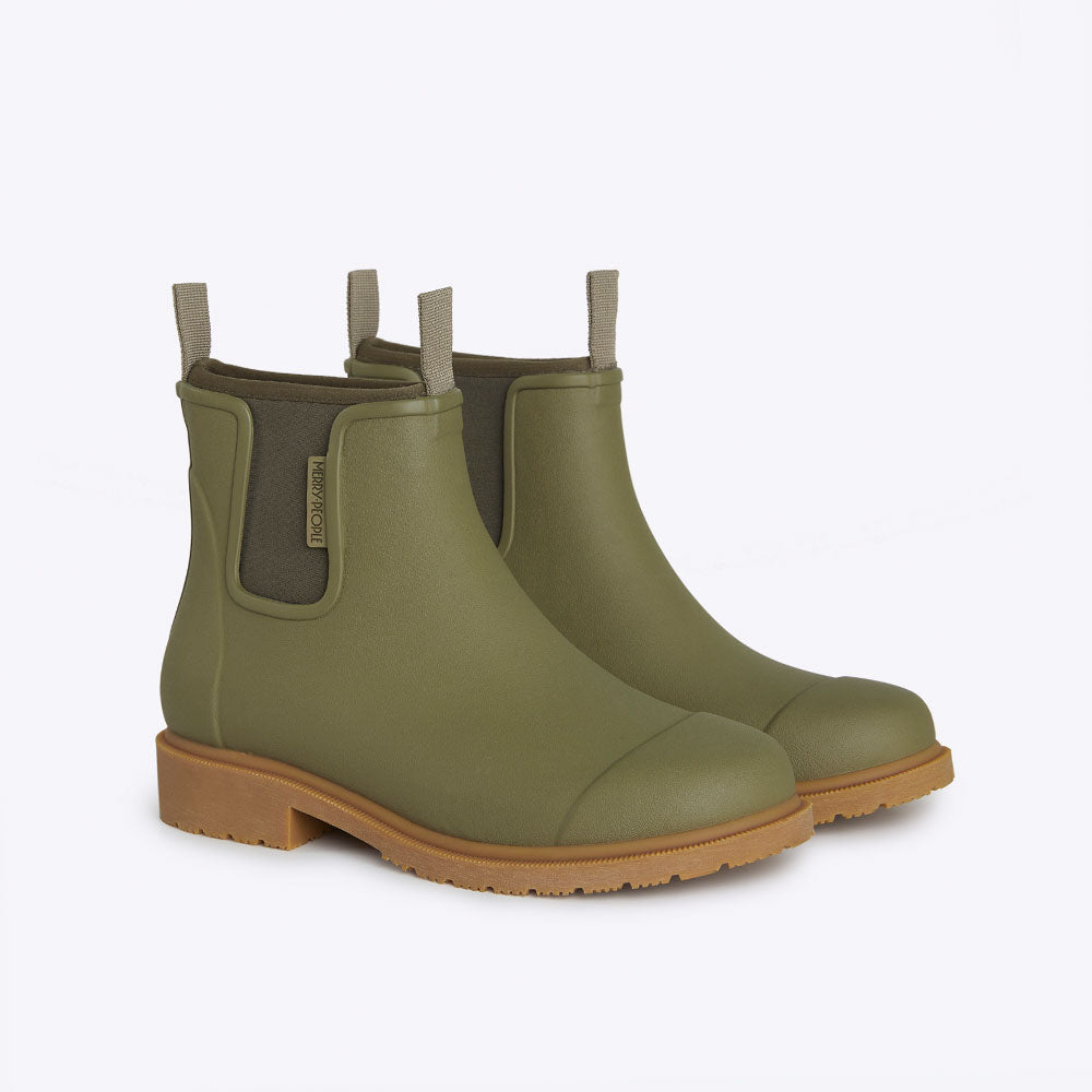 Khaki olive green Bobbi Rain Boot by Merry People at Clad, a sustainable clothing boutique in Asheville, NC.