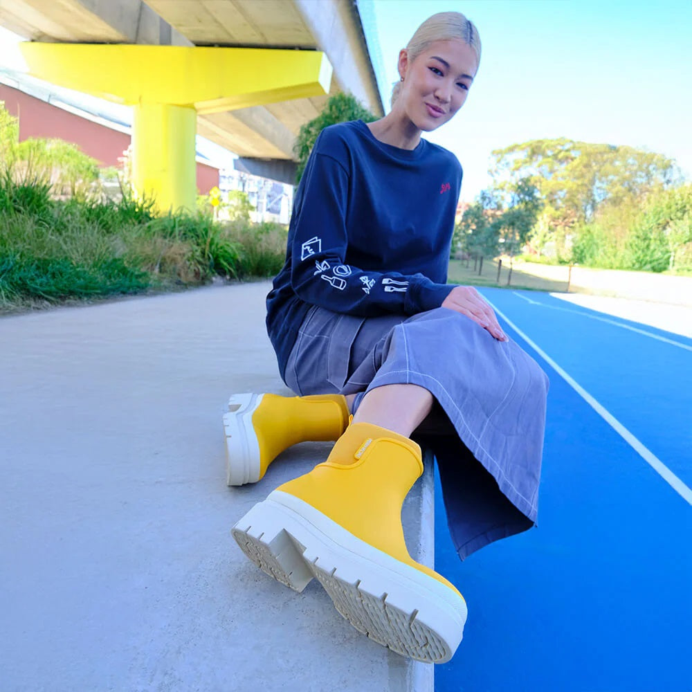 Lemon Tully rain boot from Merry People at Clad, a sustainable clothing store in Asheville, NC