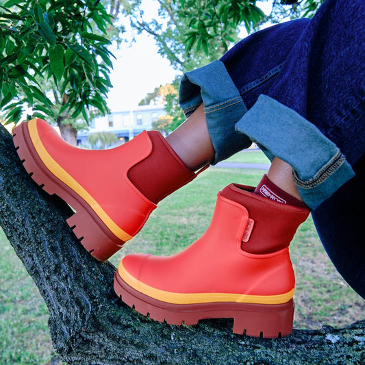 Tully Rain Boot platfrom in grapefruit by Merry People at Clad, a sustainable clothing shop in Asheville, NC