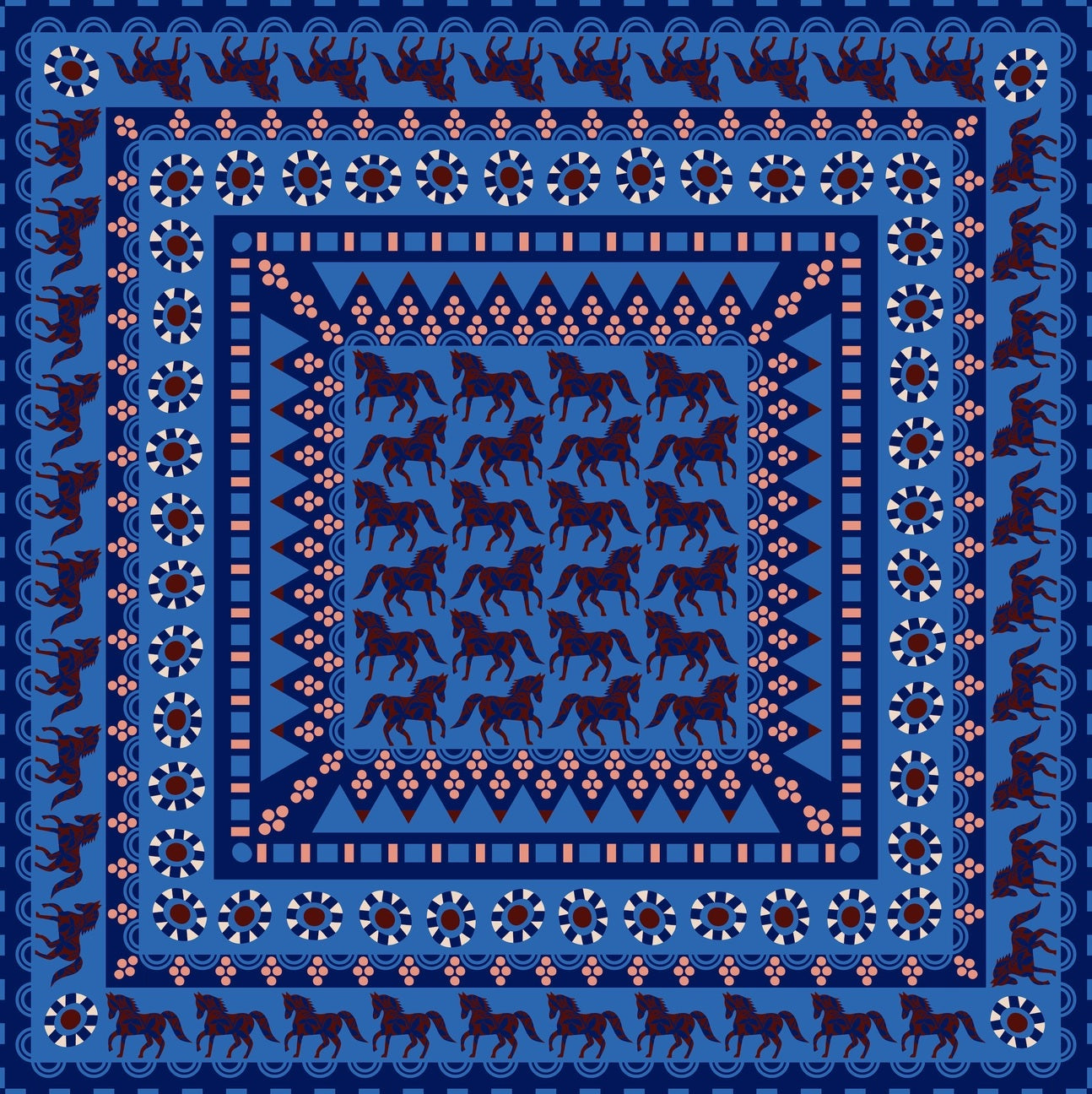 Mur by Ayca Horses blue and brown silk bandana