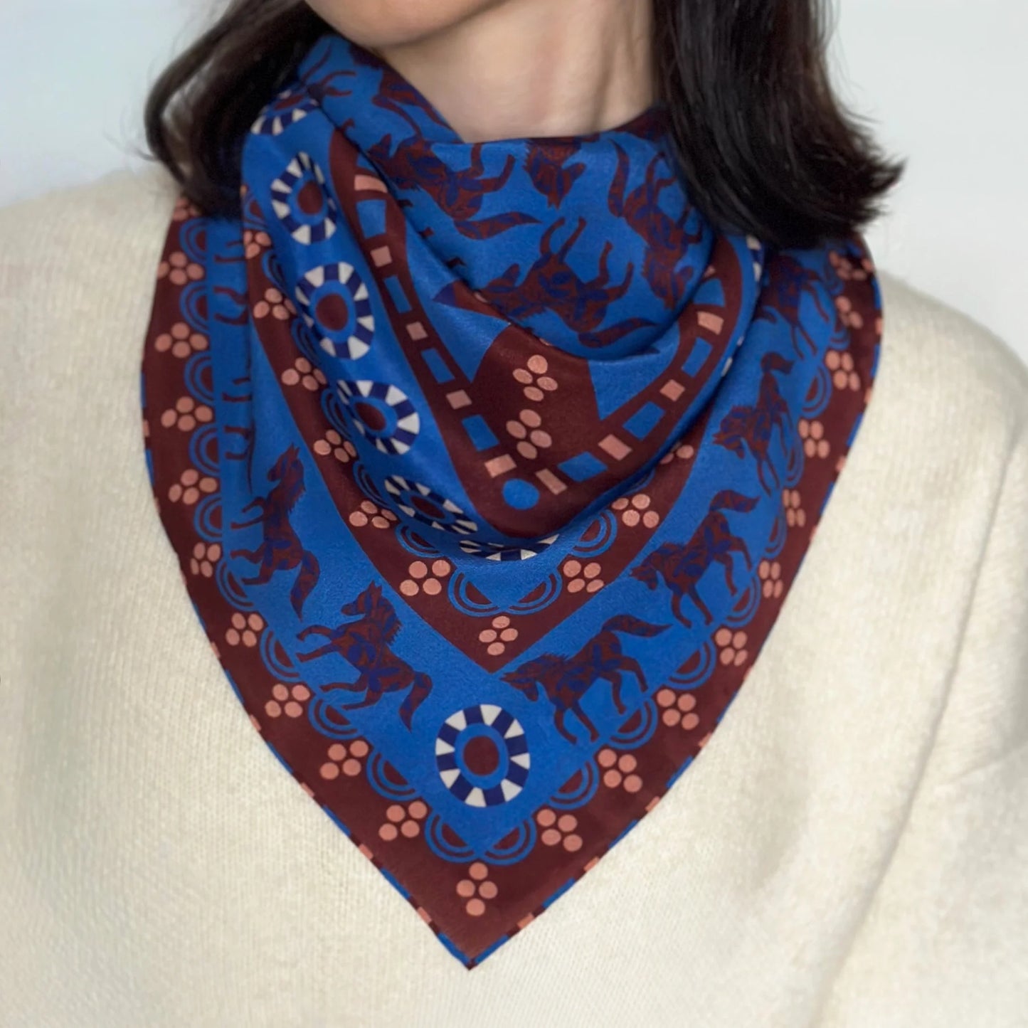Mur by Ayca Horses blue and brown silk bandana